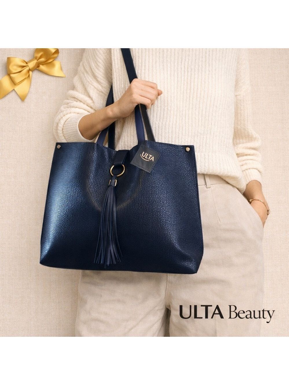 Navy Blue Tote Ultra Textured Floppy Tote Gold Hardware